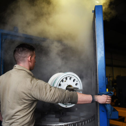 Senior Airman Jacob Ramsey, 48th Equipment Maintenance Repair and Reclamation journeyman, opens a newly acquired parts washer at Royal Air Force Lakenheath, England, Dec. 3, 2018. The washer is a new innovation gained to enhance the readiness capabilities of the 48th EMS Repair and Reclamation section. (U.S. Air Force photo by Airman 1st Class Shanice Williams-Jones)